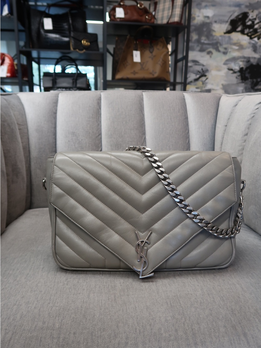 Saint Laurent Gray Chevron Quilted Chain Shoulder Bag